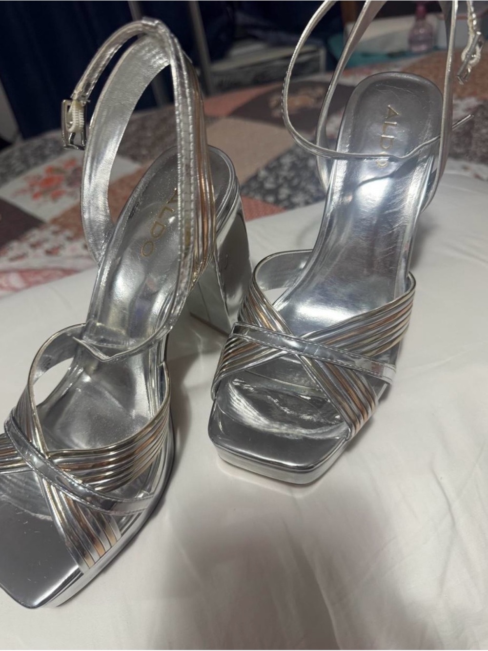 Aldo Metallic Silver Strappy Platform Sandals
